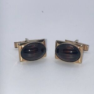 Vtg Gold Tone Brown Glass Faux Tigers Eye Cabochon Rectangle Shaped Cufflinks